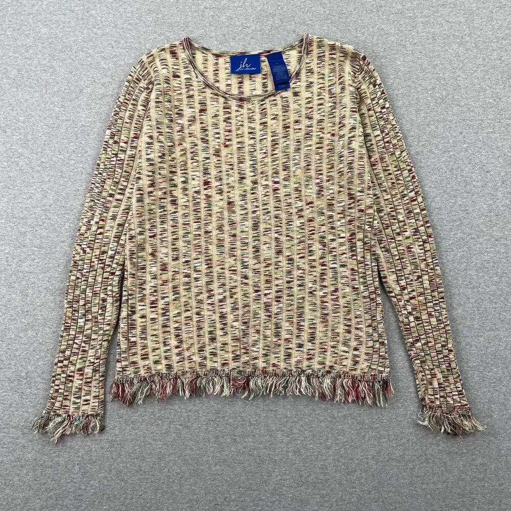 y2k Ribbed Knit Fringe Trim Sweater Womens M Multicolor Fitted Indie Sleaze